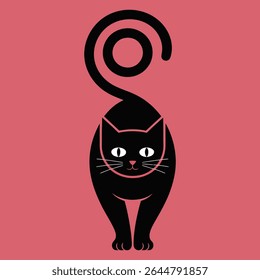 A stylized black cat silhouette with a curled tail stands against a solid pink background. The illustration is minimalist and uses simple shapes.