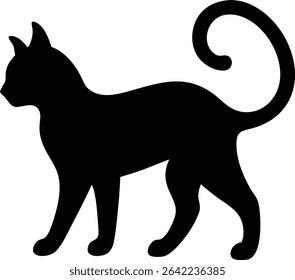 Stylized black cat silhouette with an elegantly curled tail, isolated on white. Perfect for pet-related designs, playful animal illustrations, or subtle branding