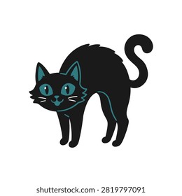 A stylized black cat with striking green eyes and white whiskers, its back arched in a playful or startled pose.