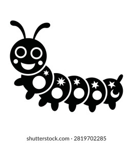 A stylized black caterpillar illustration with large eyes a smiling face and segmented body segments featuring white stars and circles