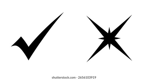 Stylized black check mark and star cross icon set for validation and rejection choice symbol design element approval verification concept graphic