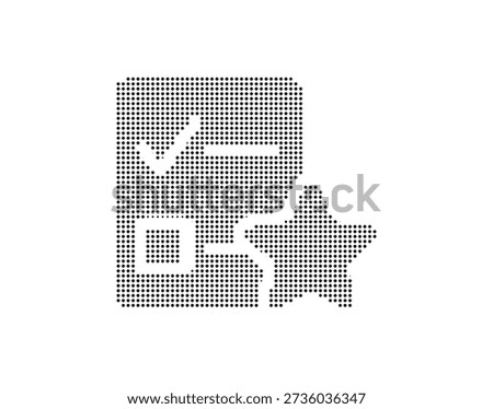 A stylized black checklist icon with a star, composed of small dots, on a pure white background, indicating completion or approval