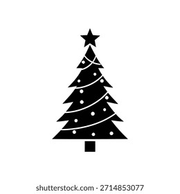 Icono negro estilizado del árbol de Navidad con la estrella y las decoraciones para las celebraciones de Festiva