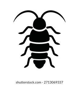 Stylized black cockroach silhouette with segmented body and curved antennae