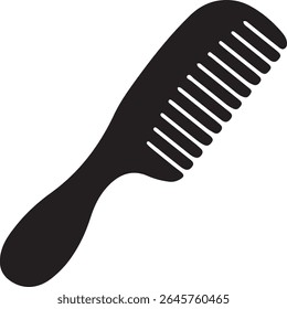 Stylized black comb illustration. The comb has wide teeth and a smooth, curved handle. Use this classic symbol to communicate grooming, beauty, or personal care.
