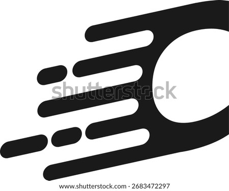 A stylized black comet or meteor streaks across a white background, leaving a trail of motion lines.