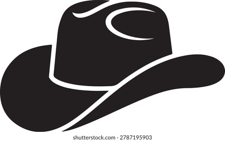 A stylized black cowboy hat with a white outline, depicted in a modern vector style against a pure white background, showcasing its curved brim and crown