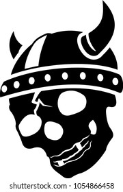Stylized black cracked skull in viking helmet with horns on white background