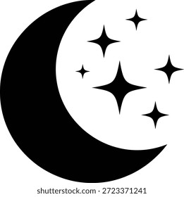 Una luna creciente negra estilizada está acompañada por estrellas brillantes sobre un fondo blanco