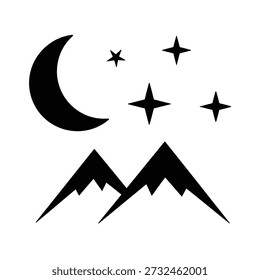 Stylized black crescent moon and sparkling stars illuminate jagged mountain peaks under a night sky