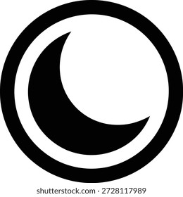 Símbolo estilizado de la luna creciente negra dentro de un contorno circular grueso sobre un fondo blanco