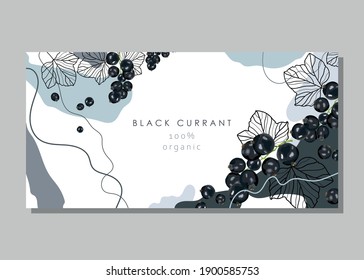 Stylized black currants with leaves on an abstract background. Ripe black berry. Postcard, banner, poster, sticker, print, advertising materials. Vector illustration.