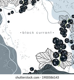 Stylized black currants with leaves on an abstract background. Ripe black berry. Postcard, banner, poster, sticker, print, advertising materials. Vector illustration.