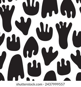 Stylized black curvy shapes resembling animal, monster footprints in vector seamless pattern. Eye-catching surface art with organic shapes for use in graphic design or printing on different surfaces.