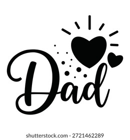 A stylized black 'Dad' text with a heart and smaller heart, surrounded by lines and dots, isolated on white background