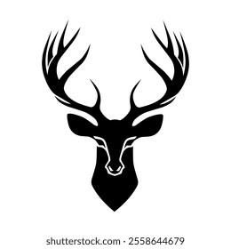 A stylized black deer head with large antlers icon logo vector, facing forward.