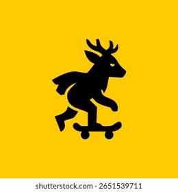 A stylized black deer silhouette skateboarding on a yellow background
