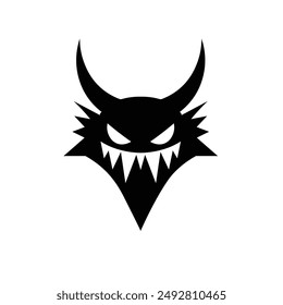 Stylized black demon face with prominent horns and sharp fangs, perfect for logos, tattoos, or fantasy themes.