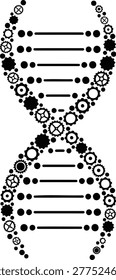 A stylized black DNA double helix structure made up of various sized circles and gears, set against a clean white background, showcasing a unique blend of biological and mechanical elements in a visua