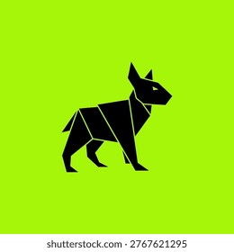 A stylized black dog made of geometric shapes stands against a vibrant green backdrop. The dog is depicted in a profile view with sharp angles and clean lines.