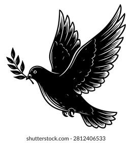 Stylized black dove carrying an olive branch, representing peace, harmony, and hope in a minimalistic artistic style.