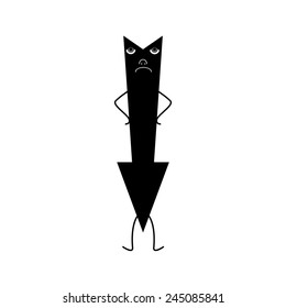 Stylized black down arrow with grey eyes, nose and white mouth standing straight on legs with arms akimbo isolated on white background. Concept of regression and financial crisis