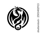 Stylized Black Dragon in Circle logo or icon on White Background

