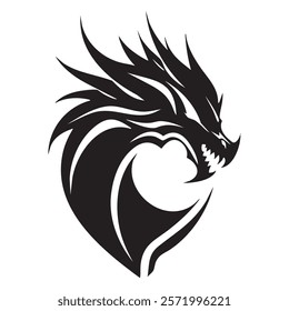 Stylized black dragon logo with fierce expression and sharp features.