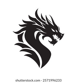 Stylized black dragon logo with fierce expression and flowing mane.