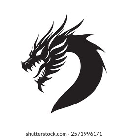 Stylized black dragon silhouette with fierce expression and flowing tail.