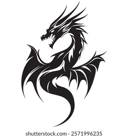 Stylized black dragon silhouette with intricate details and fierce expression.