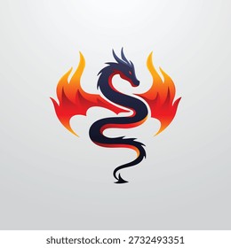 Stylized black dragon surrounded by fiery flames