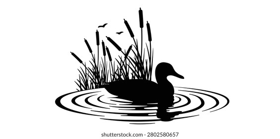 A stylized black duck floating peacefully, surrounded by soft, oval ripples in the water. Waterbirds, wild duck swims in the water. cartoon lisdodde or typha latifolia It is an aquatic plant. 