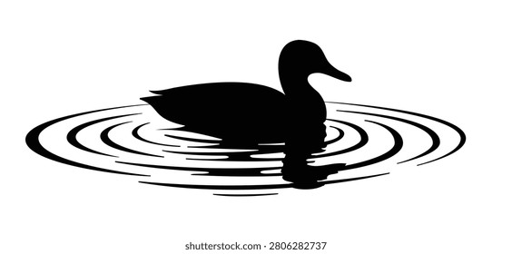 A stylized black duck floating peacefully, surrounded by soft, oval ripples in the water. A duck is a waterbird with a flat beak and broad webbed feet. Waterbirds, wild duck swims in the water,