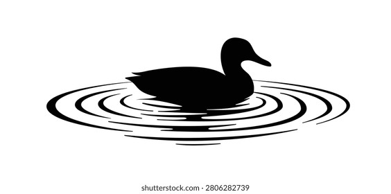 A stylized black duck floating peacefully, surrounded by soft, oval ripples in the water. A duck is a waterbird with a flat beak and broad webbed feet. Waterbirds, wild duck swims in the water,