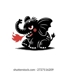 Un personaje de elefante negro estilizado con ojos rojos y dientes afilados, exhalando una ráfaga de fuego, transmitiendo agresión y poder.