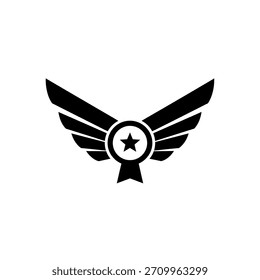 Um emblema preto estilizado com asas estendidas, um emblema circular central com uma estrela e uma fita abaixo.