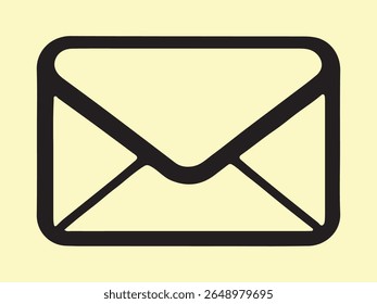 Um ícone de envelope preto estilizado com um canto arredondado e um design simples e limpo sobre um fundo amarelo pálido.