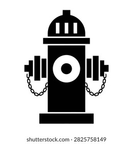 Stylized black fire hydrant pictogram isolated on white background. Simplified emergency water supply symbol with chains and caps. Ideal for safety signs, web design, and urban infrastructure concepts.