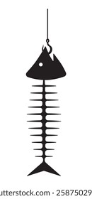 Stylized black fish skeleton hanging from a fishing hook on a white background. A minimalist graphic representation of a fish skeleton suspended by a fishing hook, symbolizing a catch or a failed attempt