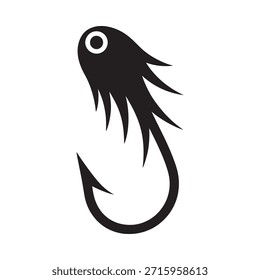 A stylized black fishing hook shape with a fish silhouette design