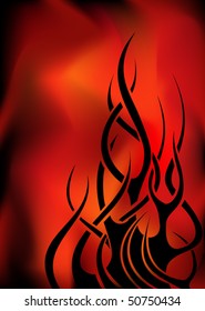 Stylized black flame on the background of a realistic fire.