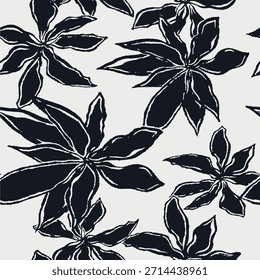 Stylized black floral pattern on clean white seamless background