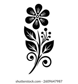 "Stylized Black Flower Silhouette Vector – Decorative Floral Design with Leaves and Swirls"