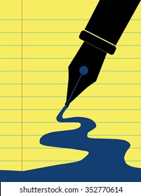 Stylized black fountain pen writing a thick outline of blue ink against the background of a lined yellow paper legal pad