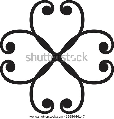 A stylized black four-leaf clover or quatrefoil design with swirling, heart-shaped elements and a central cross shape.