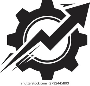 Um logotipo estilizado de engrenagem preta com um design de raio, simbolizando potência e energia, em um fundo transparente claro.