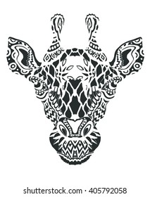 Stylized black giraffe portrait.