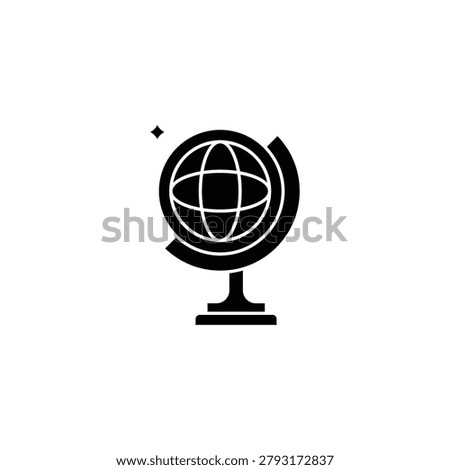 A stylized black globe icon on a stand, symbolizing global connectivity and geography, with a star nearby.   