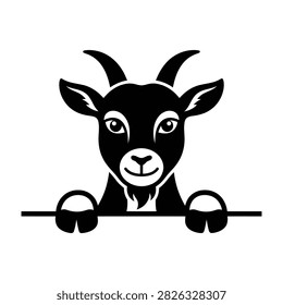 Stylized black goat head with horns and hooves peeking over a horizontal line. Farm animal mascot logo design suitable for branding, agriculture, and zodiac themes.